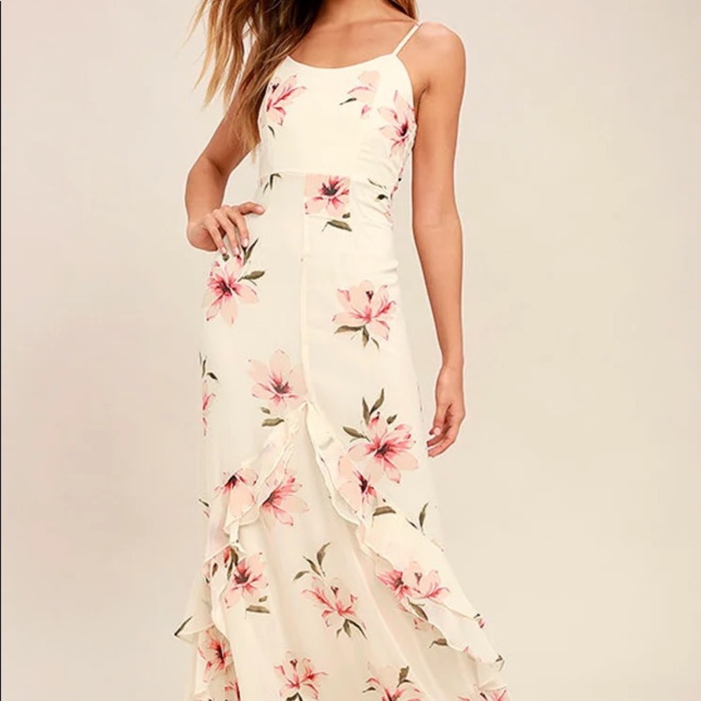 Lulus Bring the Rain Cream Floral Print Maxi Dress